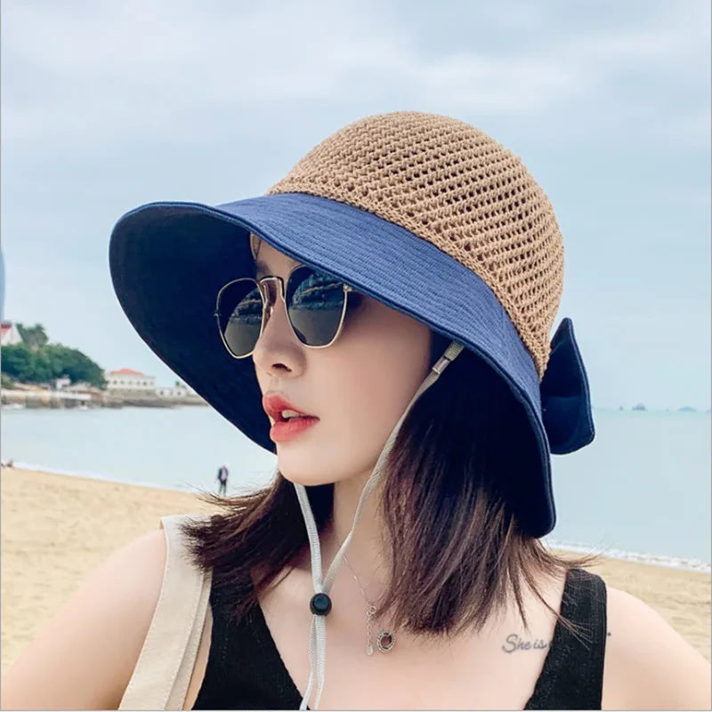 COKK Summer Hats For Women Knitted Breathable Foldable Sun Hat With Bow Sun Protection Sunshade Korean Beach Hat Cap Travel New