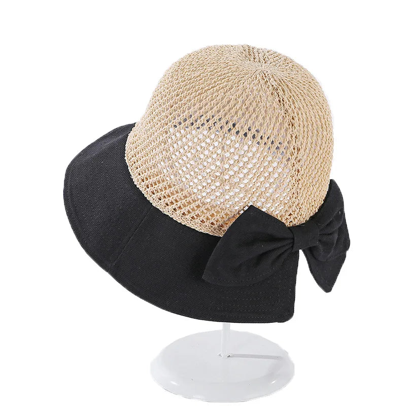 COKK Summer Hats For Women Knitted Breathable Foldable Sun Hat With Bow Sun Protection Sunshade Korean Beach Hat Cap Travel New