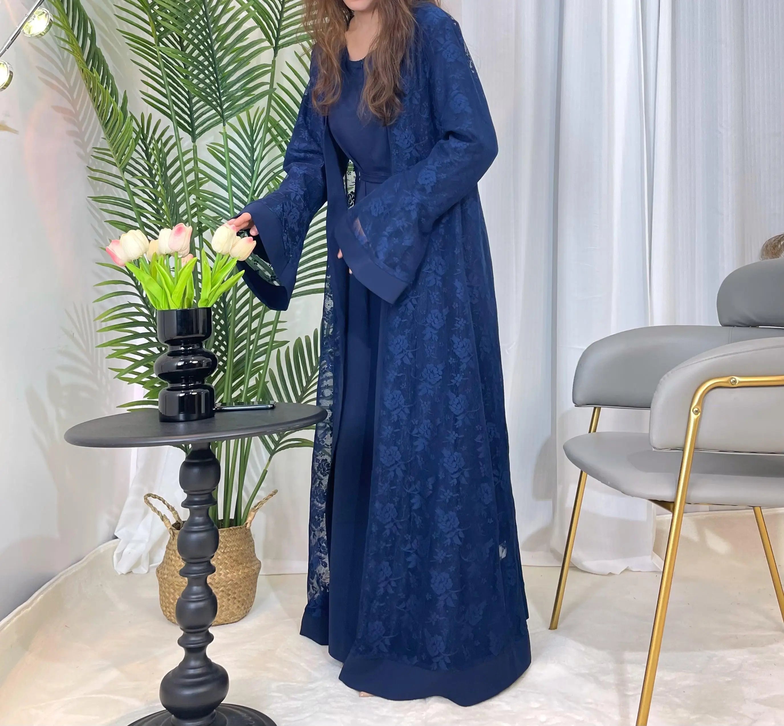 Lace two-piece outfit lace abaya inner dress and cardigan