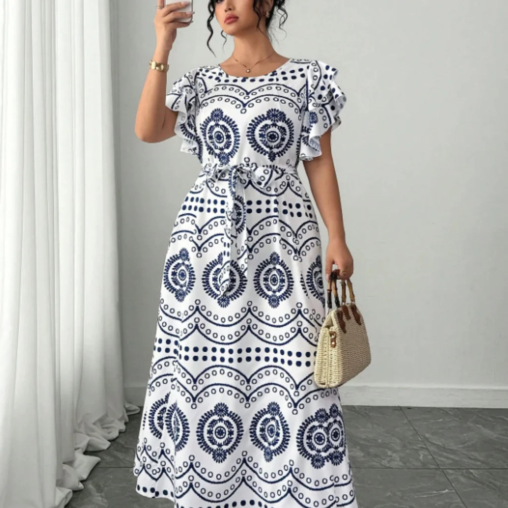 Women's Navy Blue Geometric Maxi Dress