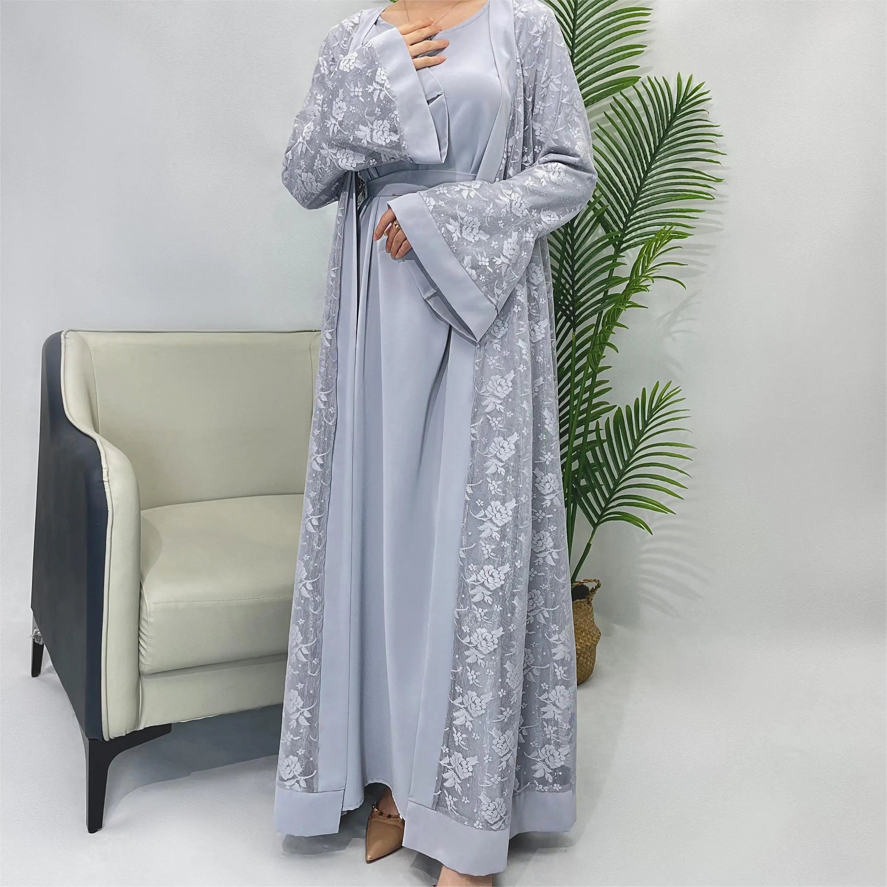 Lace two-piece outfit lace abaya inner dress and cardigan