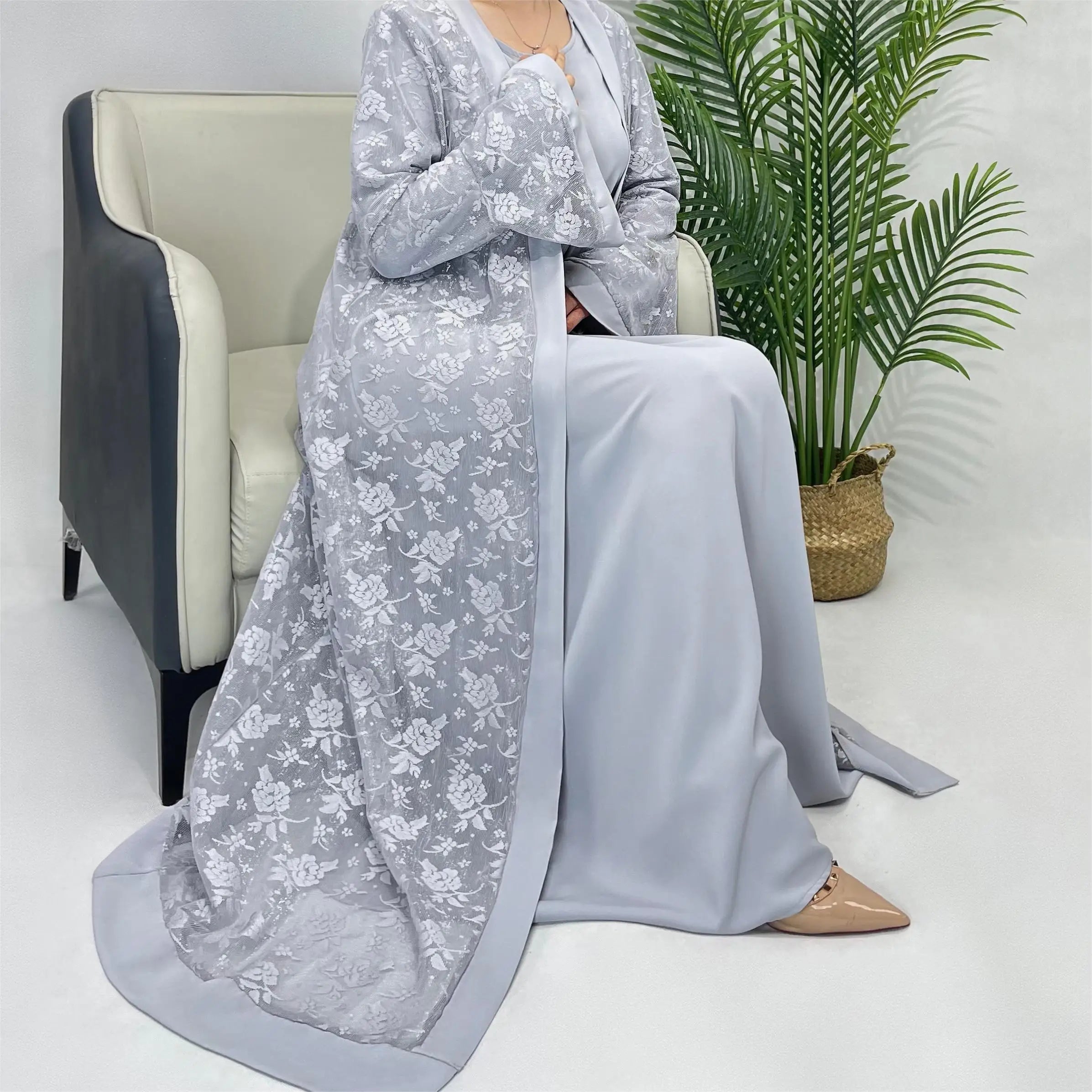 Lace two-piece outfit lace abaya inner dress and cardigan