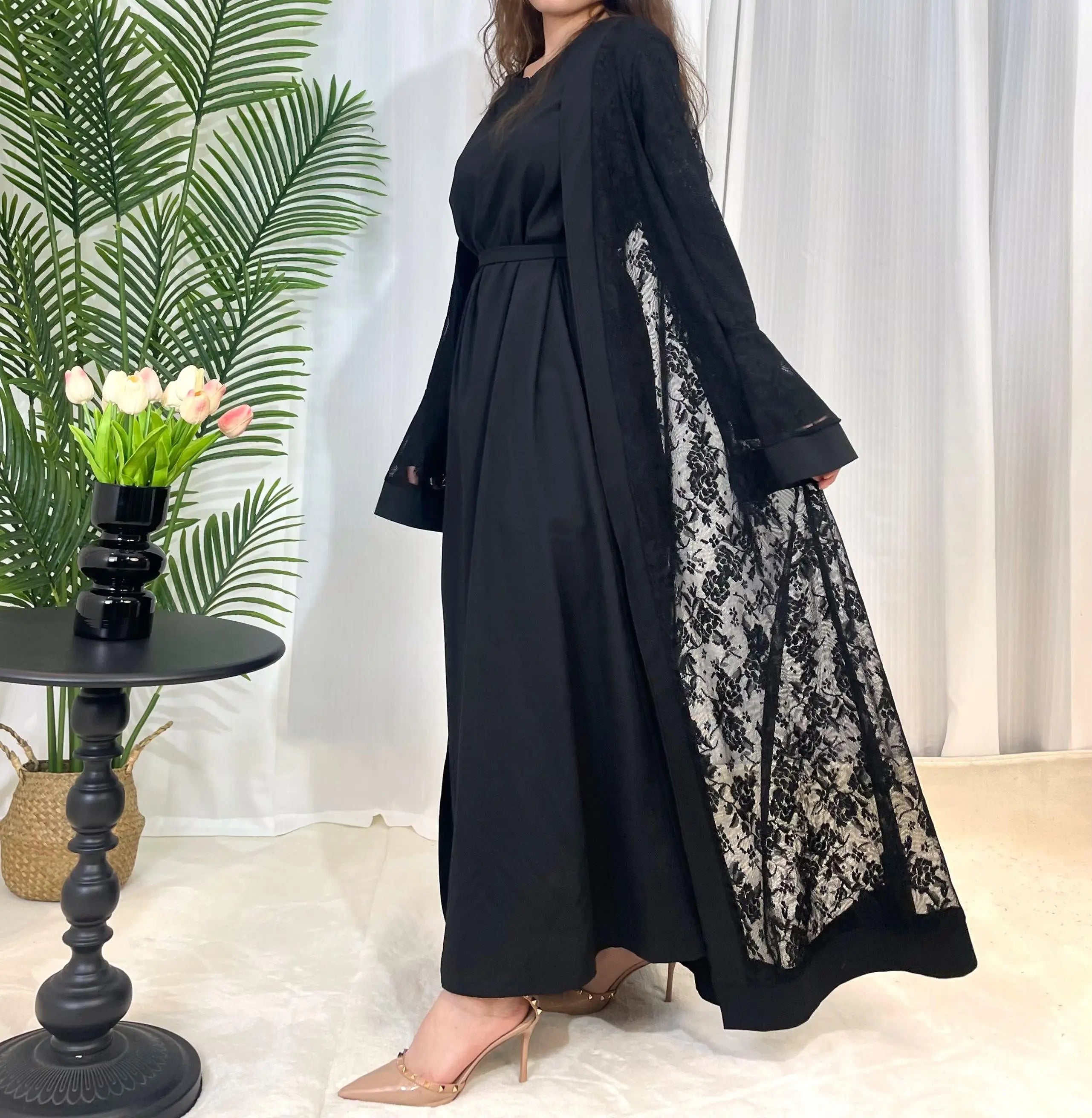 Lace two-piece outfit lace abaya inner dress and cardigan