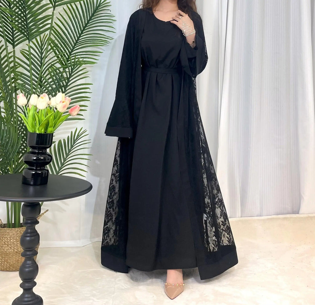 Lace two-piece outfit lace abaya inner dress and cardigan