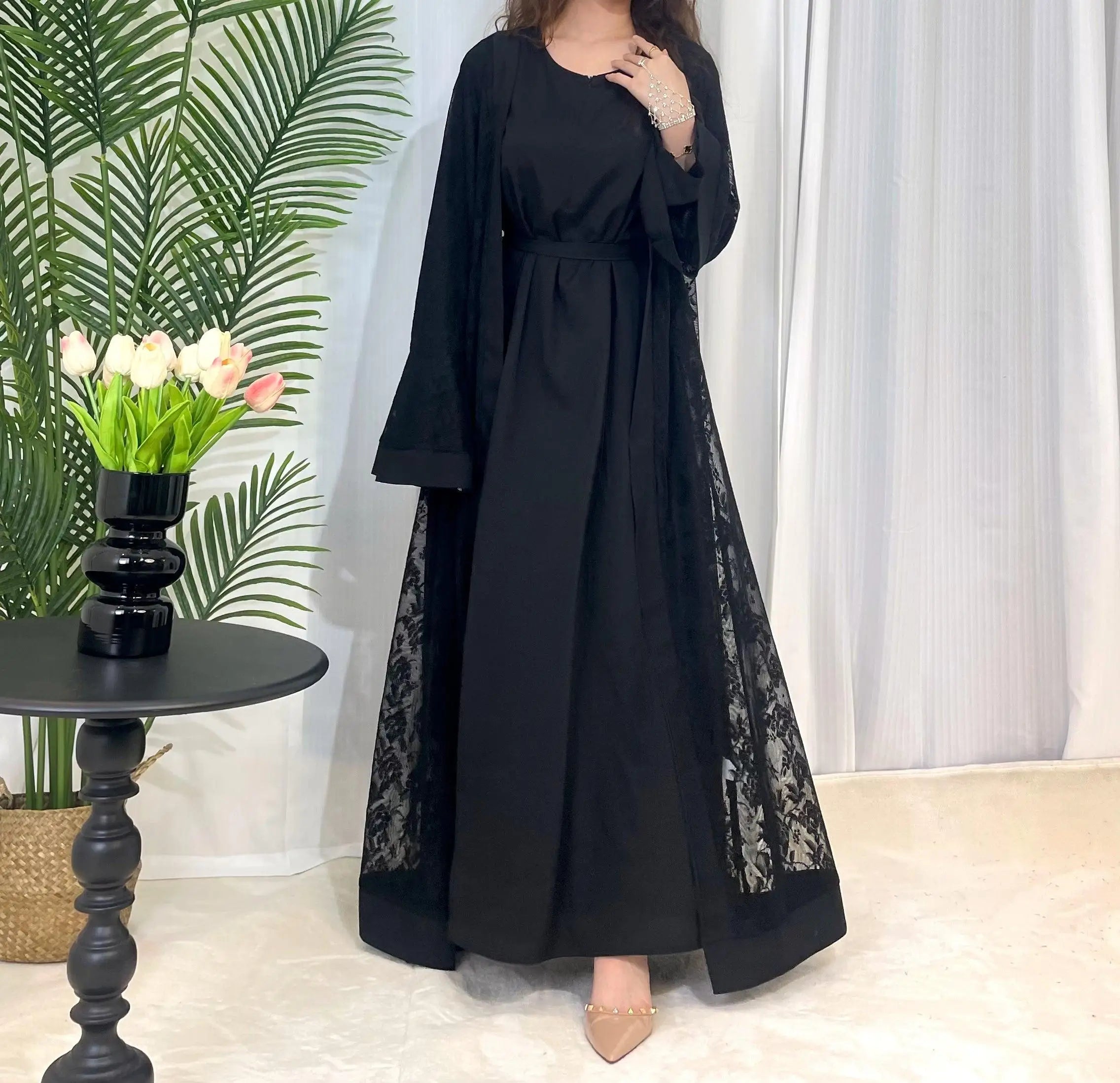 Lace two-piece outfit lace abaya inner dress and cardigan