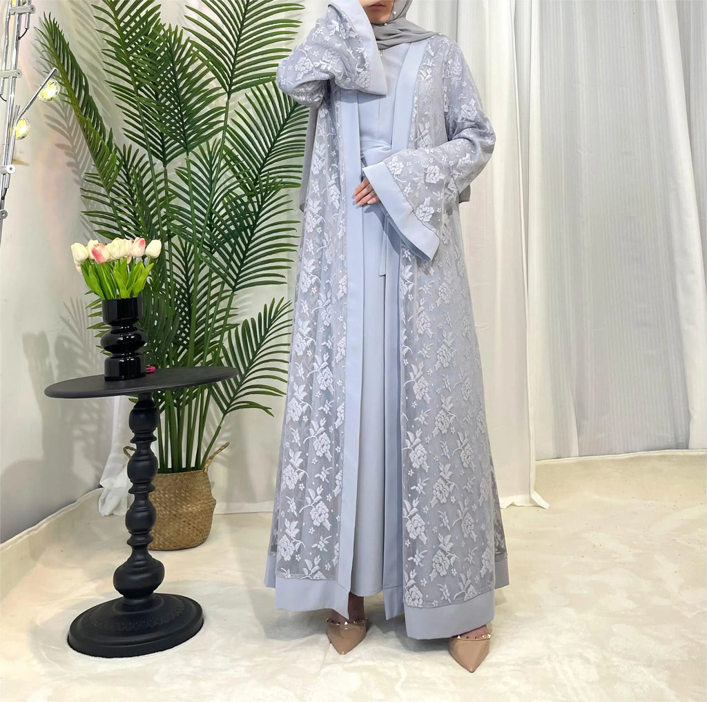 Lace two-piece outfit lace abaya inner dress and cardigan