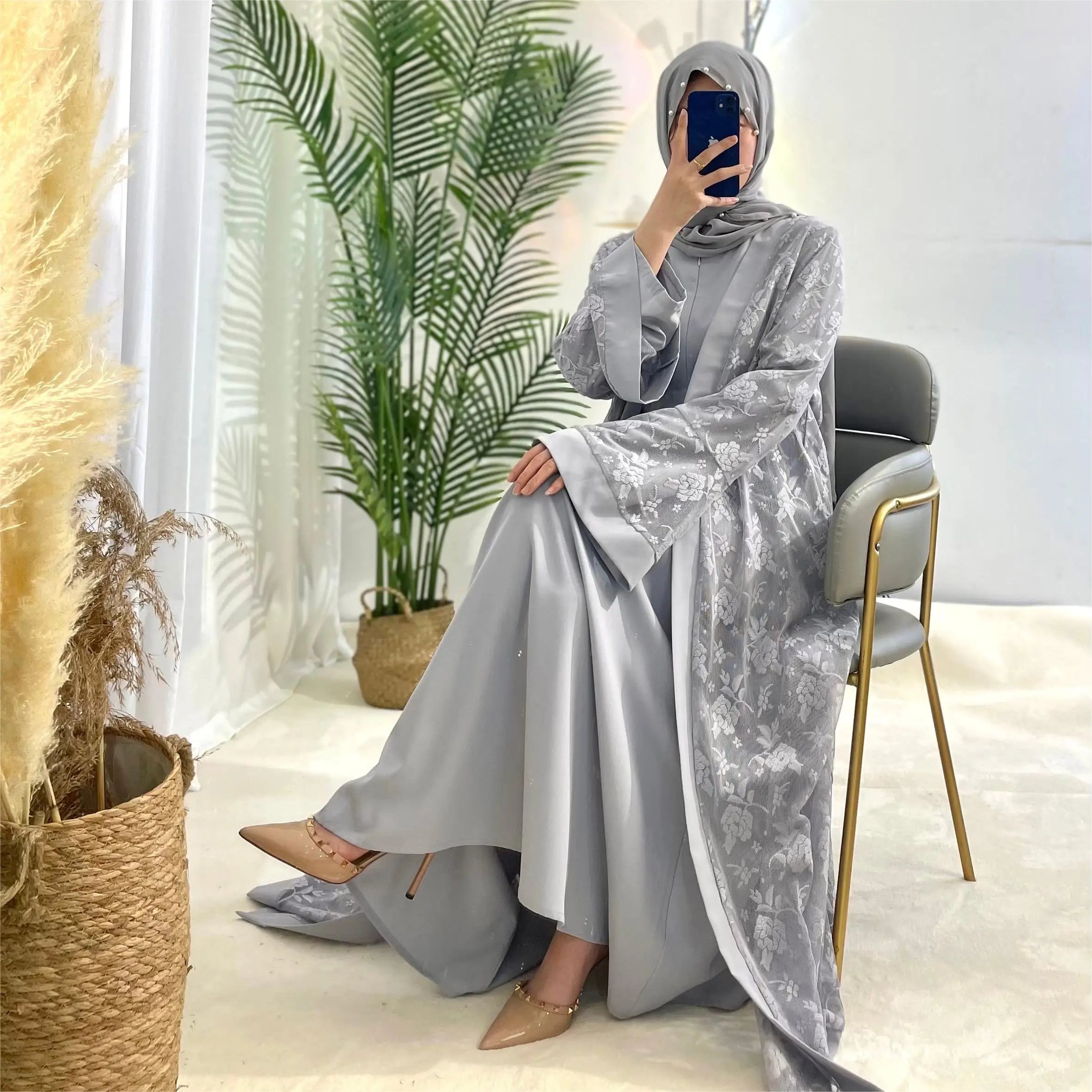 Lace two-piece outfit lace abaya inner dress and cardigan